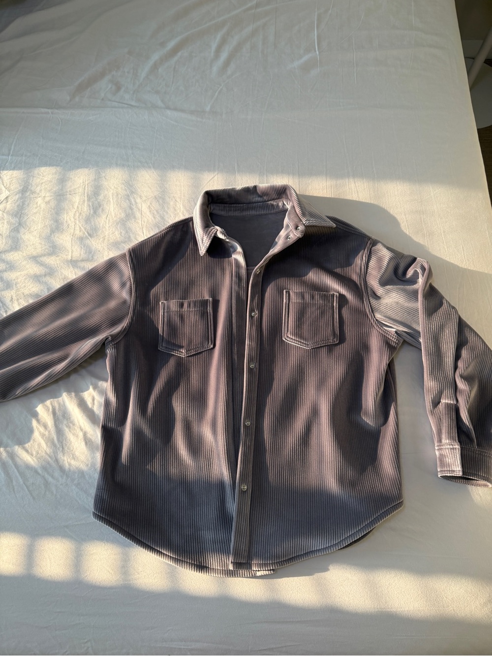 Women’s Corduroy Button-Up Shirt Jacket in Dusty Gray. ALO Yoga Velour Jacket
